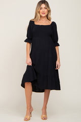 Black Smocked Puff Sleeve Ruffe Hem Maternity Midi Dress