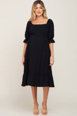 Black Smocked Puff Sleeve Ruffe Hem Maternity Midi Dress