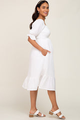 Ivory Smocked Puff Sleeve Ruffe Hem Maternity Midi Dress