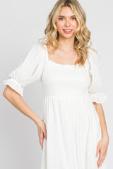 Ivory Smocked Puff Sleeve Ruffe Hem Midi Dress