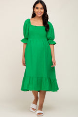 Green Smocked Puff Sleeve Ruffe Hem Maternity Midi Dress