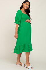 Green Smocked Puff Sleeve Ruffe Hem Maternity Midi Dress