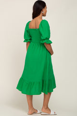 Green Smocked Puff Sleeve Ruffe Hem Maternity Midi Dress