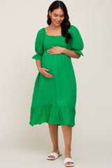 Green Smocked Puff Sleeve Ruffe Hem Maternity Midi Dress