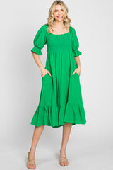 Green Smocked Puff Sleeve Ruffe Hem Maternity Midi Dress