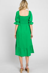 Green Smocked Puff Sleeve Ruffe Hem Midi Dress