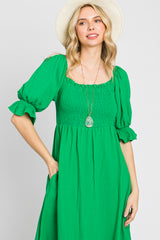 Green Smocked Puff Sleeve Ruffe Hem Midi Dress