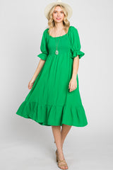 Green Smocked Puff Sleeve Ruffe Hem Midi Dress