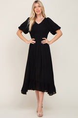 Black Smocked Puff Sleeve Maternity Midi Dress