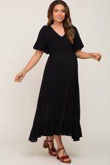 Black Smocked Puff Sleeve Maternity Midi Dress