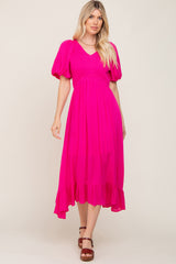 Fuchsia Smocked Puff Sleeve Midi Dress