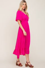 Fuchsia Smocked Puff Sleeve Midi Dress