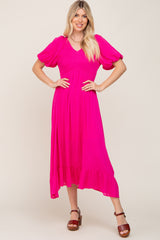 Fuchsia Smocked Puff Sleeve Midi Dress