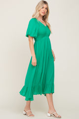 Green Smocked Puff Sleeve Midi Dress