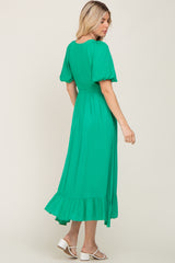 Green Smocked Puff Sleeve Midi Dress