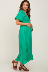 Green Smocked Puff Sleeve Maternity Midi Dress