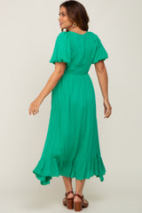 Green Smocked Puff Sleeve Maternity Midi Dress