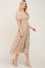 Yellow Abstract Floral Smocked Midi Dress