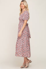 Coral Abstract Floral Smocked Midi Dress