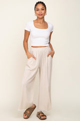 Beige Fringe Hem Linen Pants