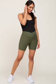 Olive Ribbed Crisscross Maternity Biker Shorts