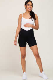 Black Ribbed Crisscross Maternity Biker Shorts