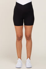 Black Ribbed Crisscross Maternity Biker Shorts