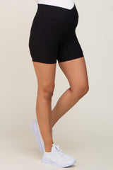 Black Ribbed Crisscross Maternity Biker Shorts