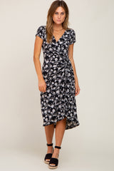 Black Floral Wrap Front Ruched Hi-Low Midi Dress