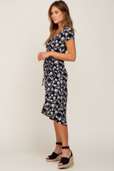 Black Floral Wrap Front Ruched Hi-Low Midi Dress