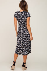 Black Floral Wrap Front Ruched Hi-Low Midi Dress