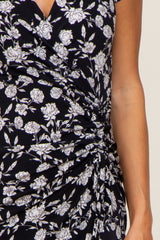 Black Floral Wrap Front Ruched Hi-Low Midi Dress