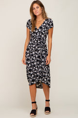 Black Floral Wrap Front Ruched Hi-Low Midi Dress