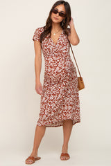 Rust Floral Wrap Front Ruched Hi-Low Maternity Midi Dress