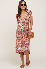 Rust Floral Wrap Front Ruched Hi-Low Maternity Midi Dress