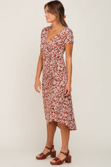 Rust Floral Wrap Front Ruched Hi-Low Midi Dress