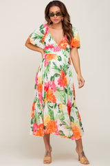 Ivory Floral Chiffon Puff Sleeve V-Neck Maternity Midi Dress