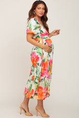 Ivory Floral Chiffon Puff Sleeve V-Neck Maternity Midi Dress