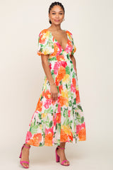 Ivory Floral Chiffon Puff Sleeve V-Neck Maternity Midi Dress