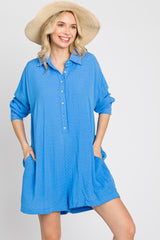 Blue Jacquard Button Down Romper