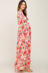 Peach Floral Deep V-Neck Long Sleeve Maternity Maxi Dress