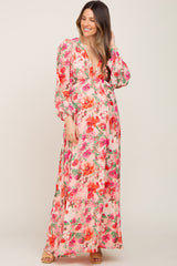 Peach Floral Deep V-Neck Long Sleeve Maternity Maxi Dress