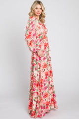 Peach Floral Deep V-Neck Long Sleeve Maxi Dress