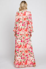 Peach Floral Deep V-Neck Long Sleeve Maxi Dress