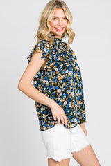 Black Floral Smocked Mock Neck Blouse