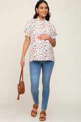 Orange Floral Ruffle Mock Neck Maternity Blouse