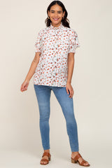 Orange Floral Ruffle Mock Neck Maternity Blouse