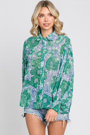 Green Floral Button Up Blouse