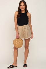 Beige Drawstring Frayed Hem Maternity Shorts