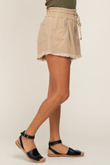 Beige Drawstring Frayed Hem Shorts